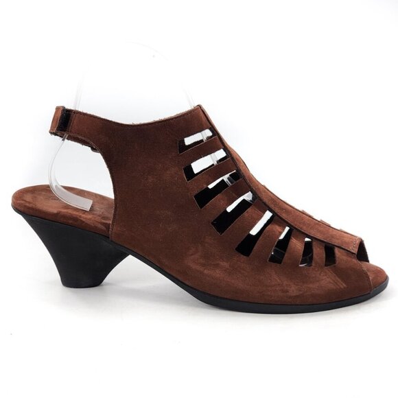 ARCHE Enexor Caged Brown Nubuck Peep Toe Wedge Heel Slingback Sandals - Picture 1 of 9